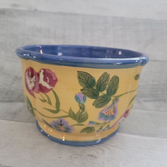 Hand-Painted Floral Ceramic Bowl By Raymond Waites Yellow & Blue 4.5" Diameter D - Picture 1 of 7